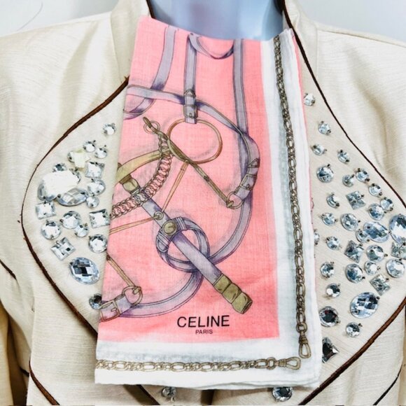 Unused Celine Paris Mini Scarf/Handkerchief Cotton 18" Pink White Gold chain(62 - Picture 4 of 6